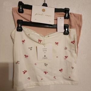 Pink Rose Coquette Balletcore Tube Top Set 2pk Ribbed Bow Floral Rose L/XL NWT